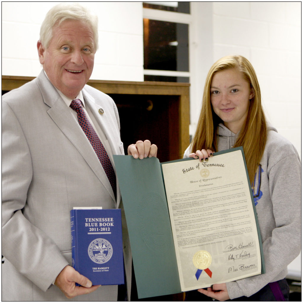 ACCOMPLISHMENT RECOGNIZED-CCHS golfer Savanna Strode was presented with a proclamation from the State House honoring her appearance in the TN State Golf Championships by State Rep. Kelly Keisling. (CCHS Media photo)