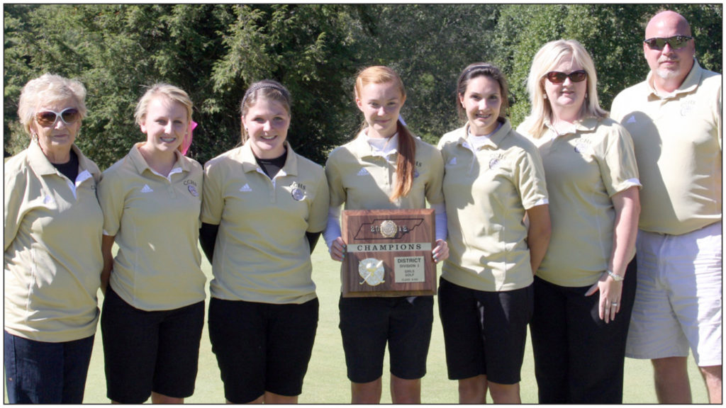 DISTRICT CHAMPS-The CCHS girls golf team won the District 8A-AA tournament for the first time in school history last fall.  Pictured are coach Betty Jo White, players Rayne Norris, Madison Baijo, Savanna Strode, and Alayshia Brannon, and coaches Amy Dodson and Doug Strong. (CCHS Media photo)