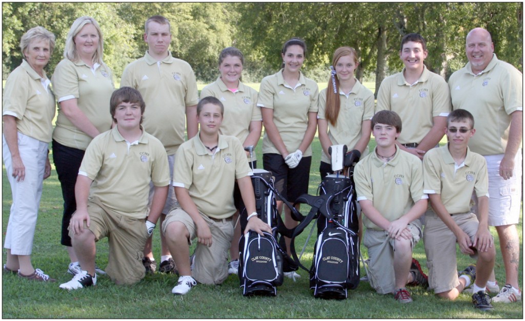 GOOD SEASON-The CCHS golf team had a historic year. Pictured are, front row, left to right, Josh Jenkins, Ben Upton, Andrew Boles, Andrew Meadows; and back row, left to right, Betty Jo White, Amy Dodson, Jordan Vaughn, Madison Baijo, Alayshia Brannon, Savanna Strode, Derek Hix, and Doug Strong. Not pictured is team member Rayne Norris. (CCHS Media photo)