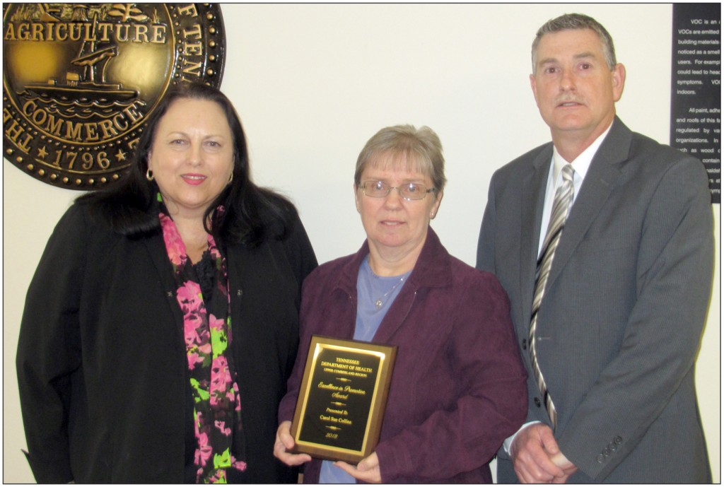 RECOGNITION-Carol Sue Collins was recently awarded the Excellence in Promotion Award by Debbie Johnson, Upper Cumberland Regional Health Director, and Andy Langford, Clay County Health Department Director. (photo submitted)